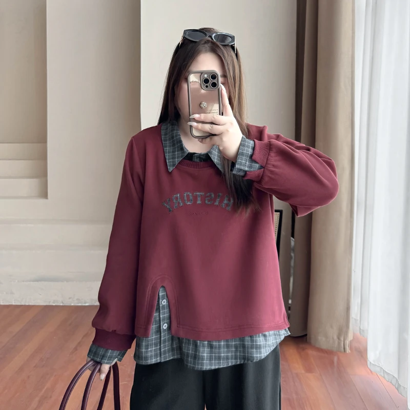 DC7070大码女装【美式街头卫衣】胖mm假两件格子拼接刺绣长袖上衣