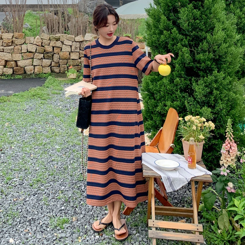 维多利亚韩版宽松休闲条纹连衣裙女夏季2025新款慵懒风时尚减龄大