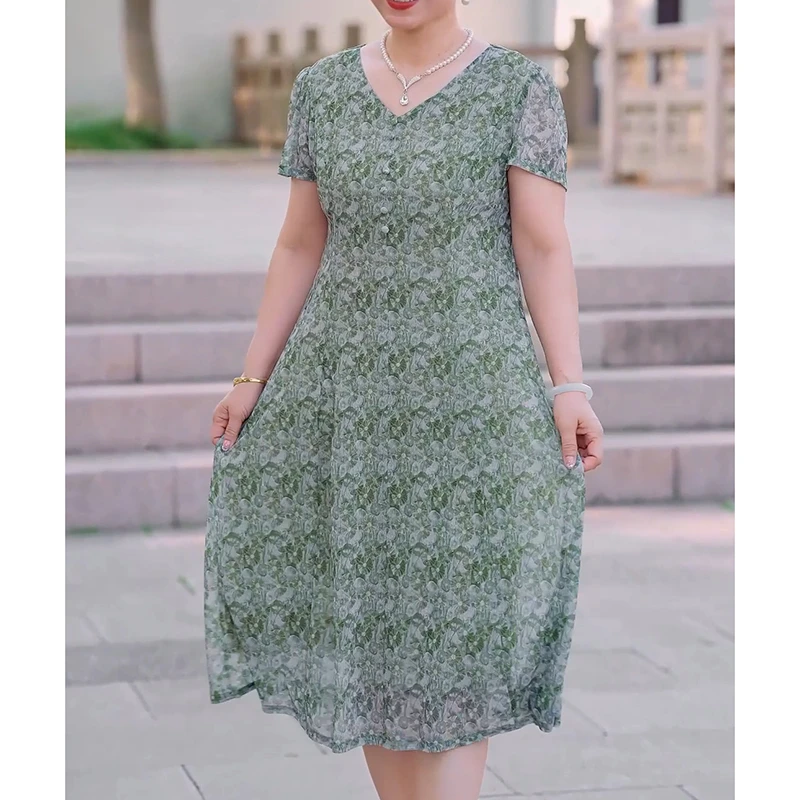 2025夏季新款弹力中年女装连衣裙女时尚减龄网纱显瘦气质妈妈洋气