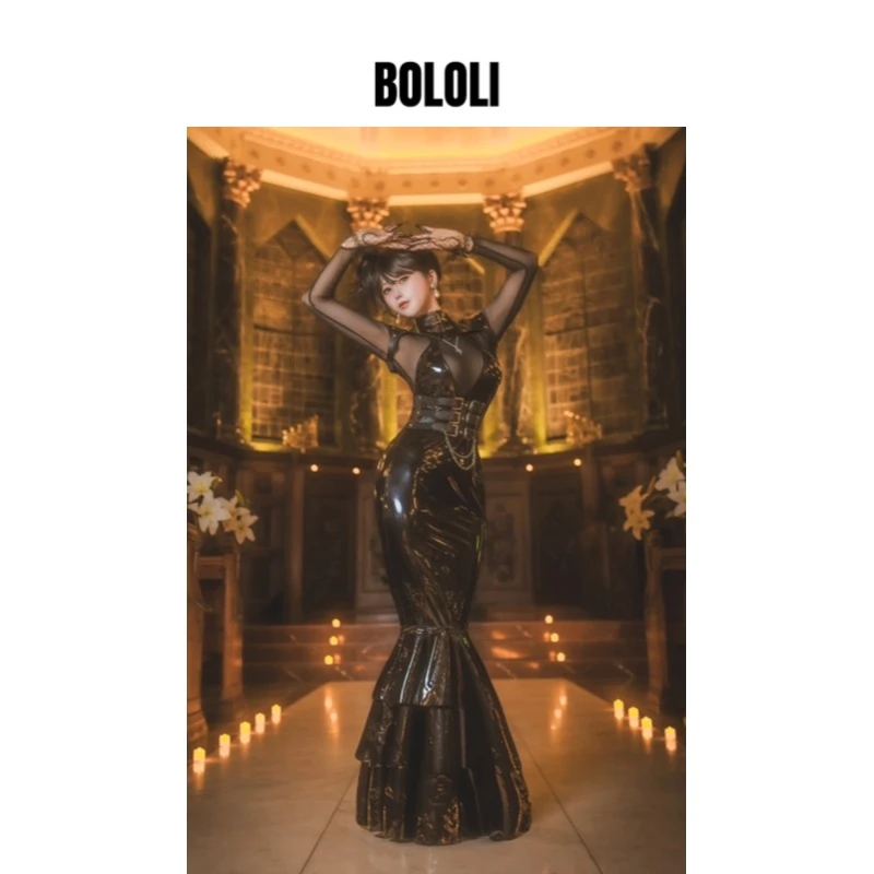 BOLOLI日本设计精致漆皮连衣裙女春季黑色礼服小众修身后妈包臀裙