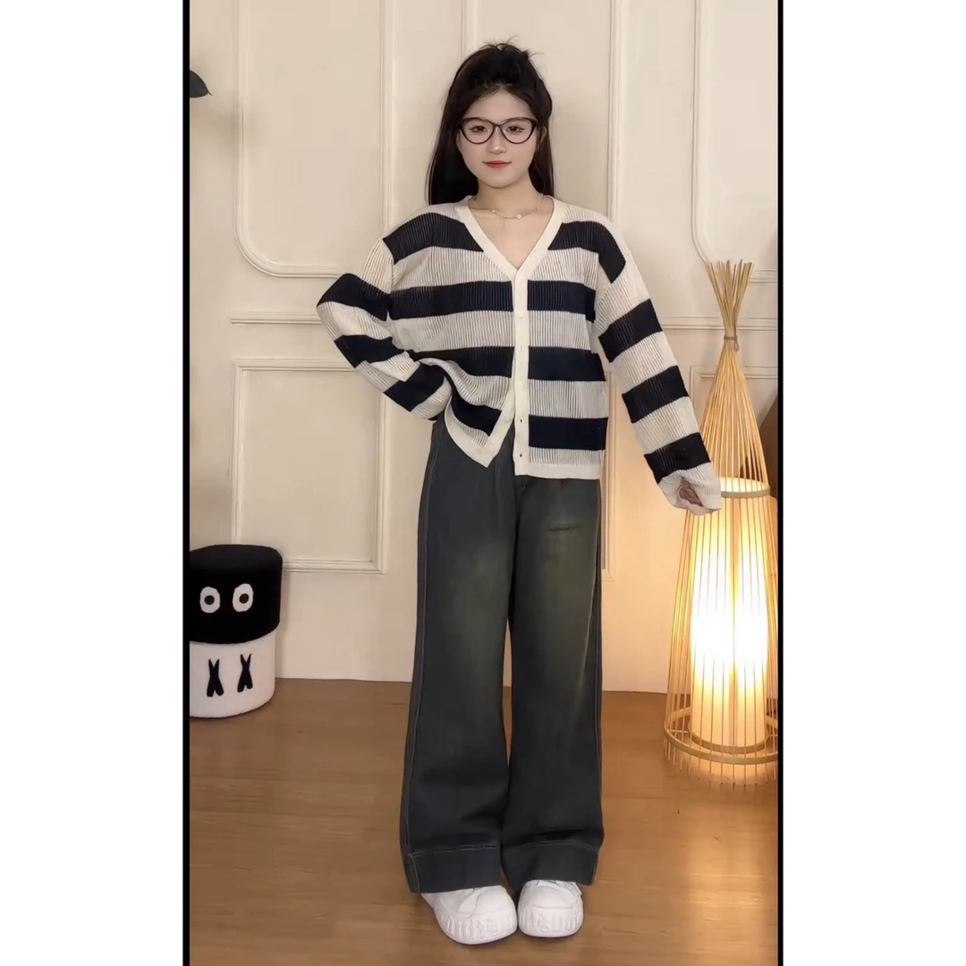 YOO[法式风]条纹冰丝针织开衫6113一水洗小个子做旧阔腿裤110一