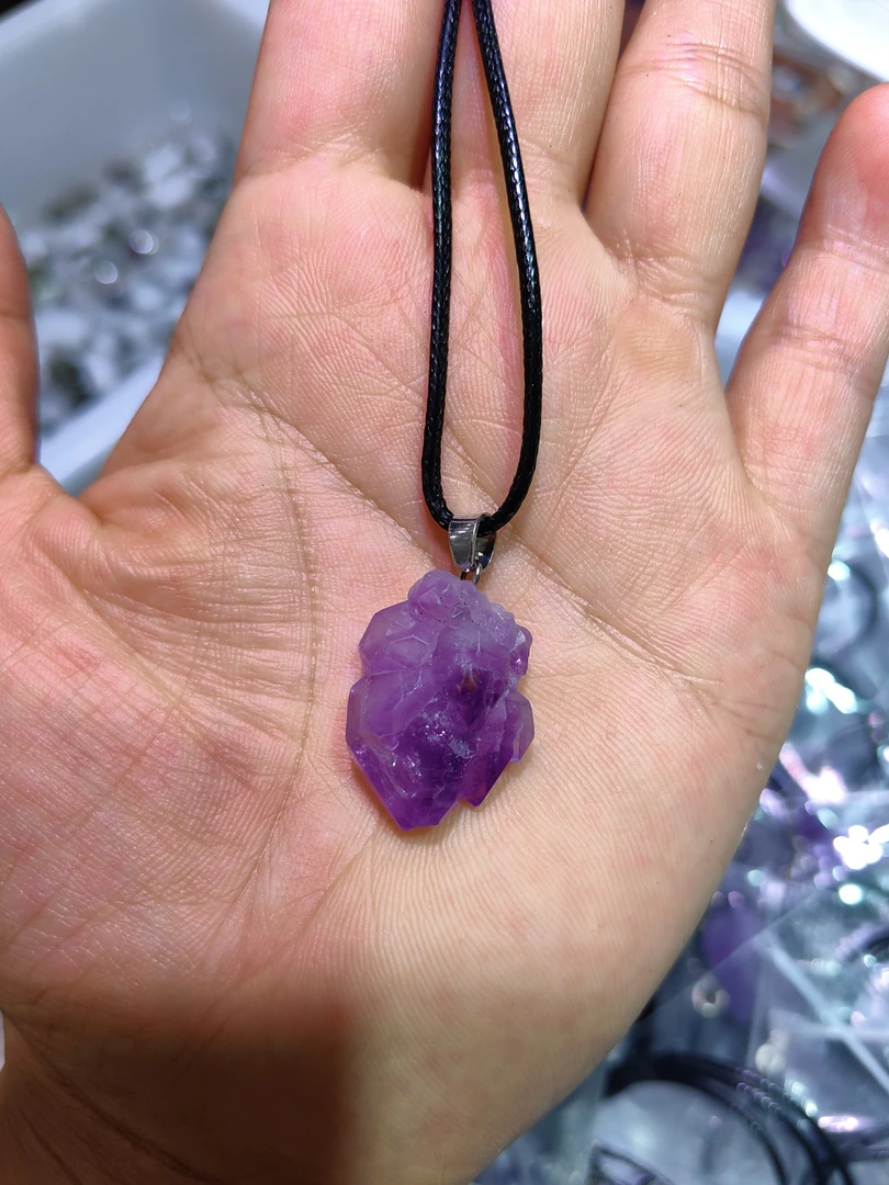 铁合金皮质项链 紫水晶天然巴西原矿石配皮绳防辐射转运项链发一