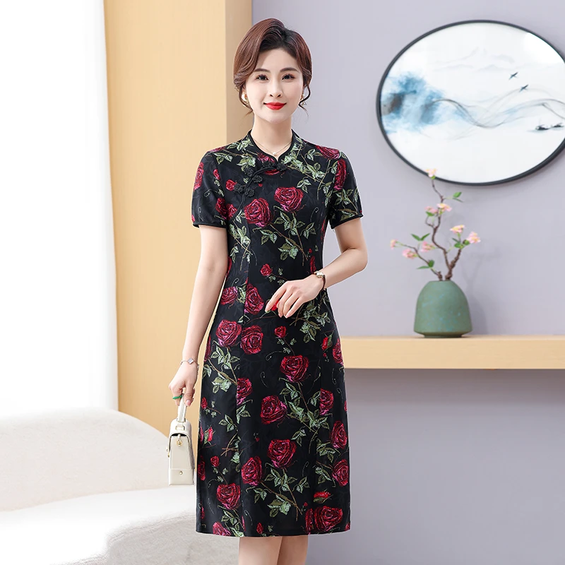 新款短袖连衣裙气质妈妈装夏装洋气中老年女装夏季宽松弹力长裙子