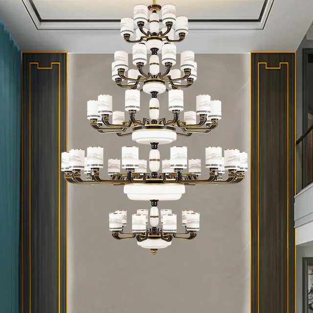 复式楼大吊灯新中式别墅客厅灯中空楼中楼挑高自建房五层黑色灯具