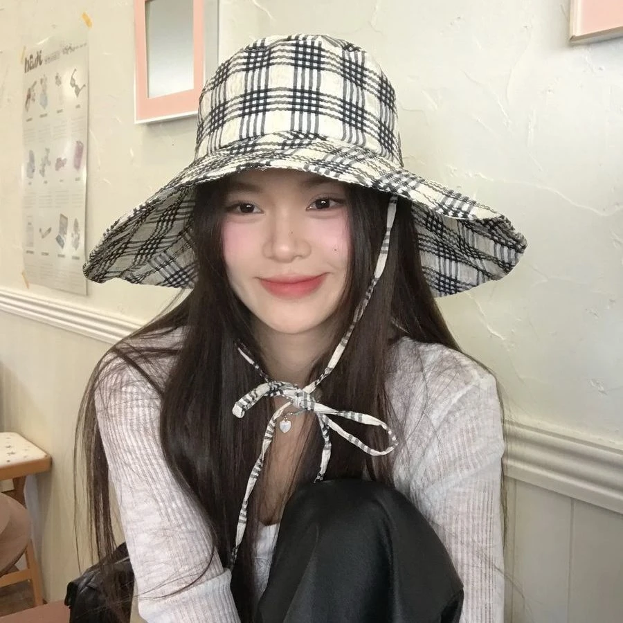 赵露思同款遮阳帽女2025新户外防晒帽子防紫外线显脸小格子渔夫帽