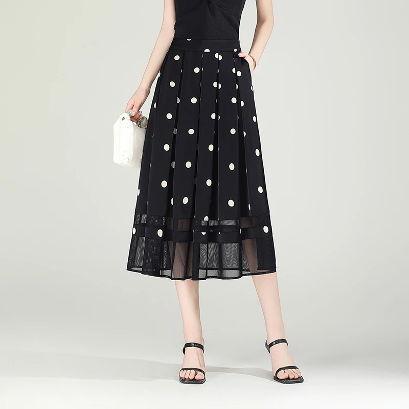 波点半身裙女2025夏季新款口袋半裙中长款网纱边高腰a字裙百褶裙