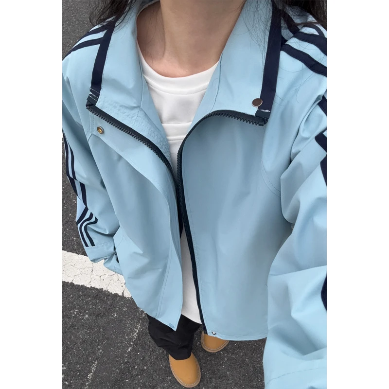 美式复古飞行员夹克男女款春季潮牌蓝色立领冲锋衣三条杠拼接外套