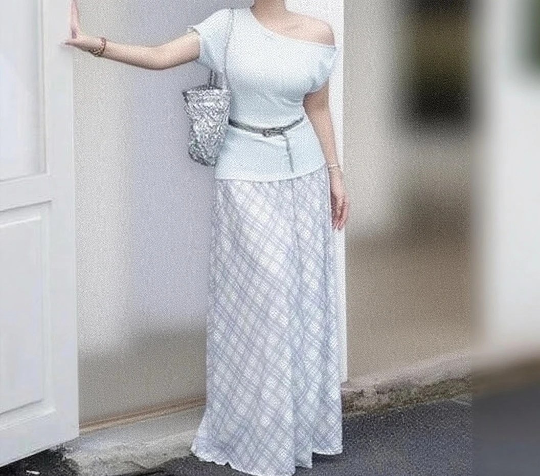 大码法式辣妹斜肩上衣女夏季新款美式气质修身显瘦格纹半裙套装