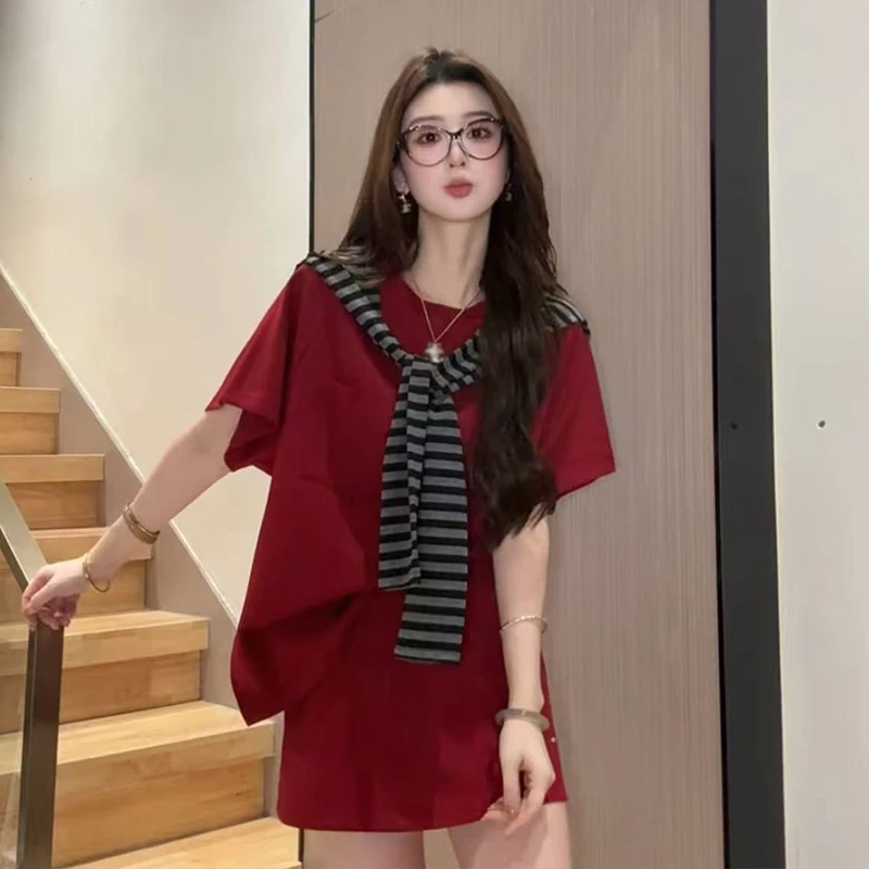 品质女装红色短袖上衣半身裙披肩三件一整套穿搭2025夏季爆款2330