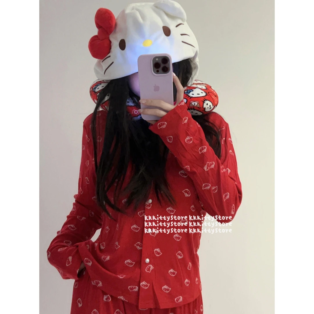 【喜庆kitty】可爱睡衣女春秋长袖长裤蕾丝带胸垫甜美家居服套装