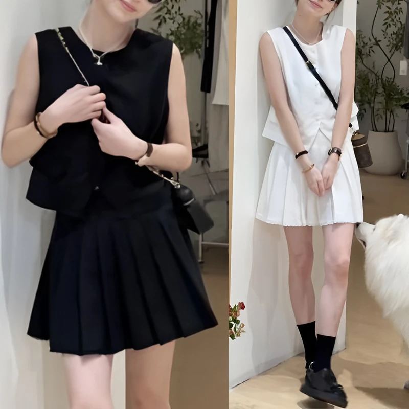 小个子穿搭套装女2025夏季新款宽松显瘦无袖马甲百褶半身裙两件套