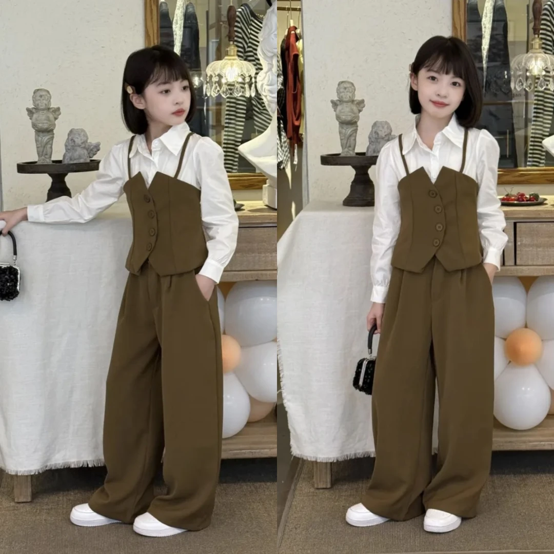 女童韩范套装2025年儿童假两件衬衫阔腿裤中大童春秋装西装两件套