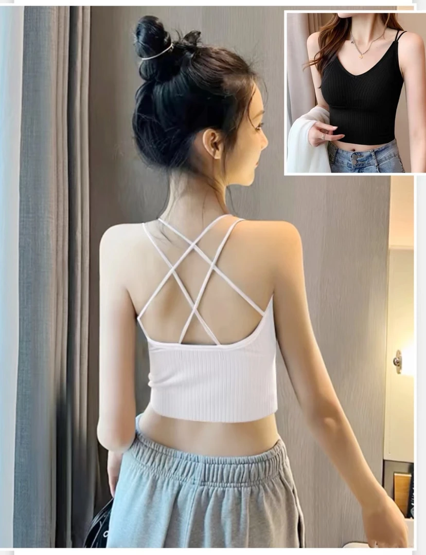 A新款夏季小胸显大厚杯垫交叉美背性感打底外穿内搭女