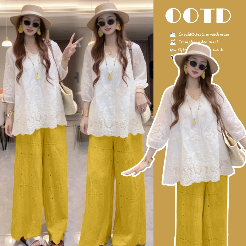 【Liner】夏日氧气感穿搭·水溶蕾丝上衣+黄色碎花阔腿裤|温柔系