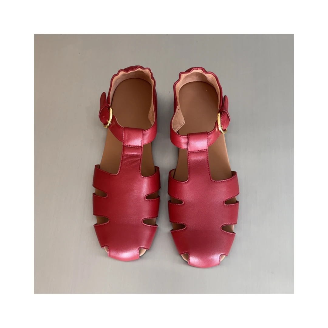 瑞瑞ANNYRUI |  高定全羊皮一字扣包头镂空平底罗马凉鞋渔夫凉鞋