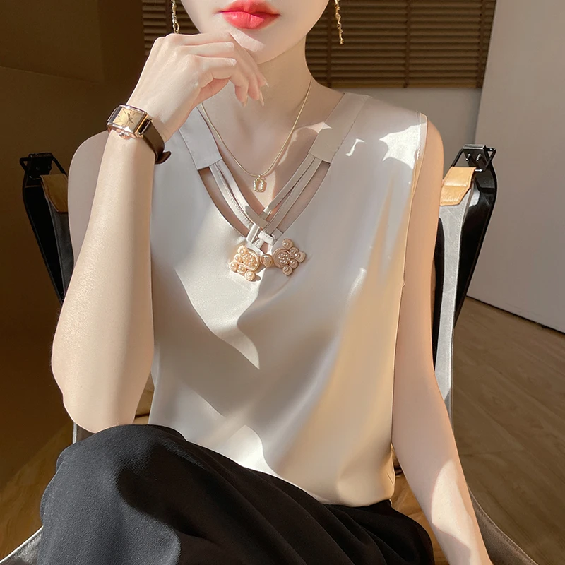 中国结国风薄款吊带背心女高级感V领缎面西装内搭打底衫宽松上衣