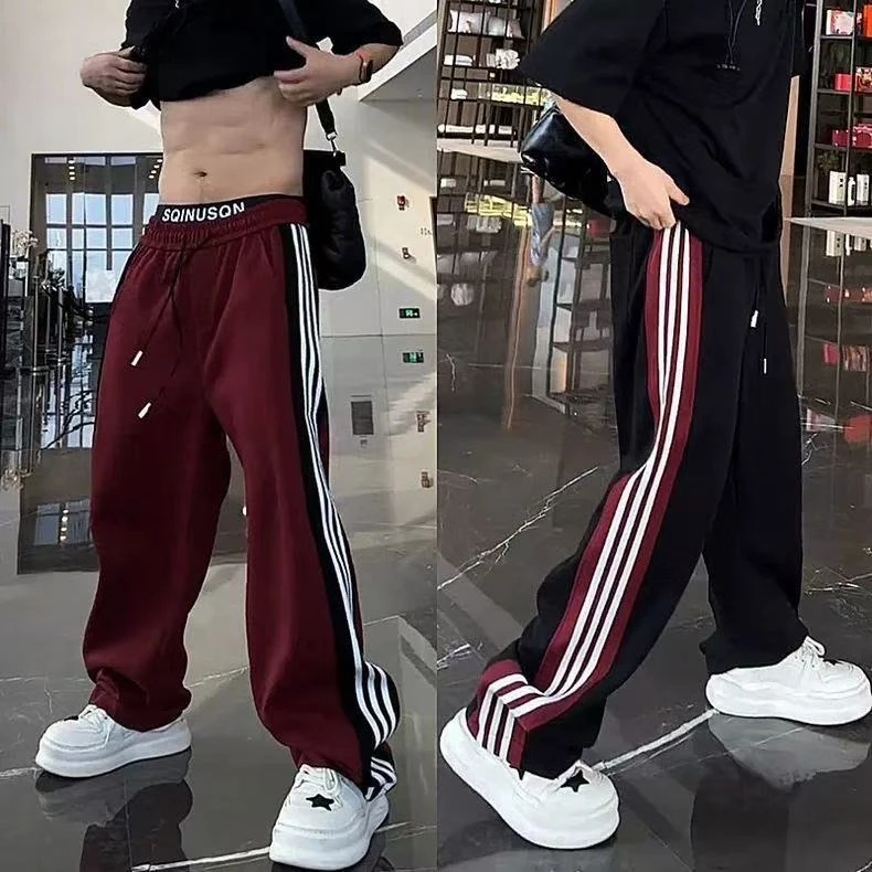 秋季新款美式潮牌侧边条纹直筒裤男士潮流百搭运动宽松阔腿休闲裤
