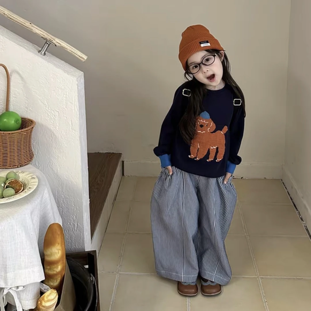 2025秋款童装女童蓝色卡通卫衣套头休闲韩版洋气条纹阔腿裤两件套