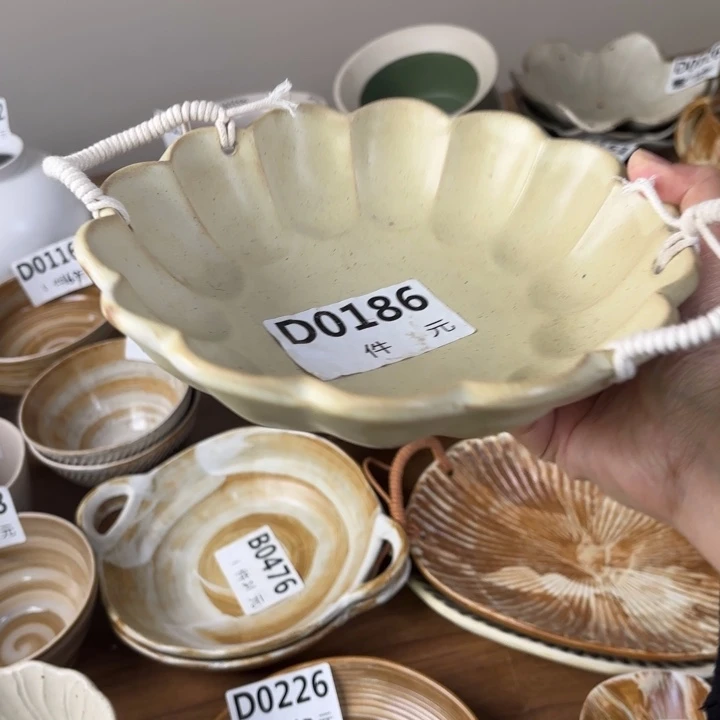 陶瓷186粗陶花朵藤编双耳碗1个装