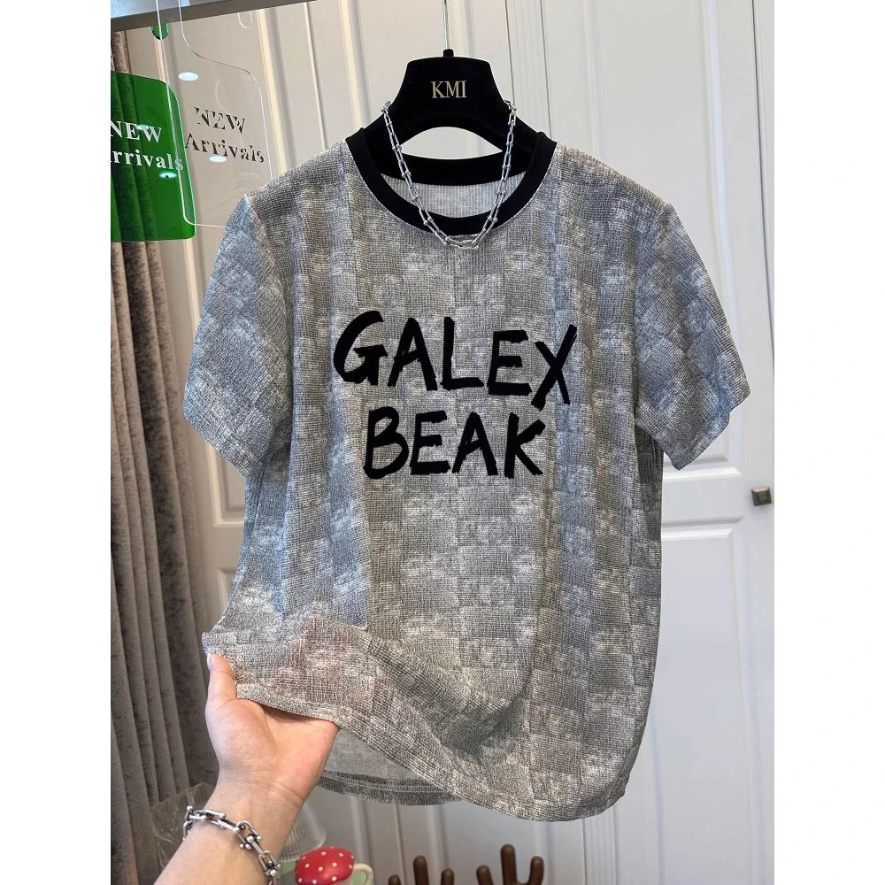 欧洲站大码240斤圆领撞色字母印花短袖T恤女上衣宽松胖妹妹夏薄款