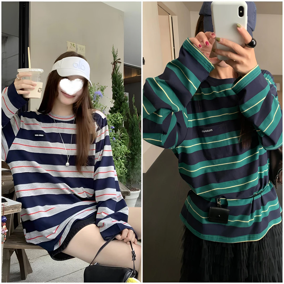 2025年早秋新款条纹圆领口袋刺绣长袖T恤宽松ins韩版女打底衫8582