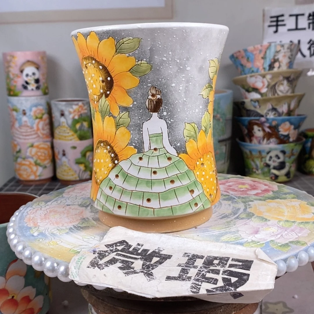 紫砂花盆红陶手绘花盆