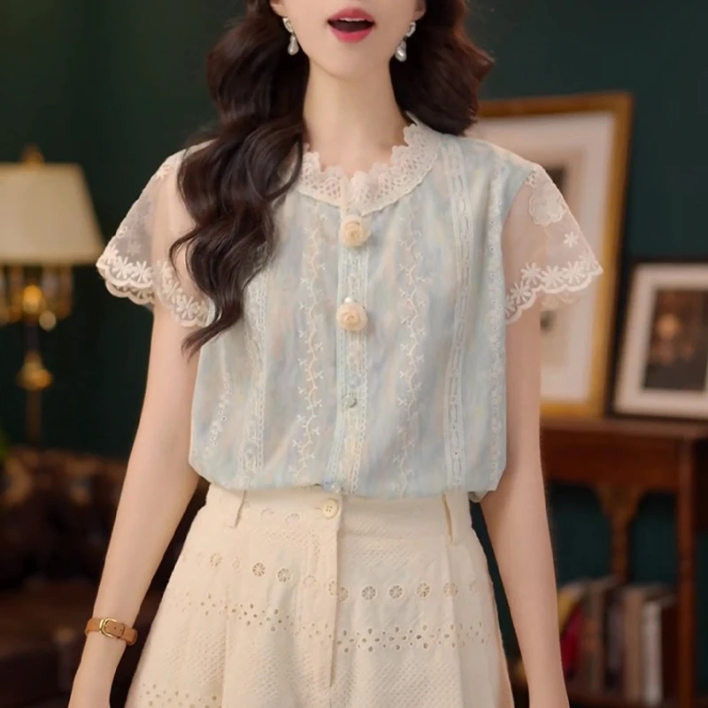 【元气海盐】甜美减龄蕾丝镂空短袖衬衫女2026夏季时尚洋气显瘦上衣