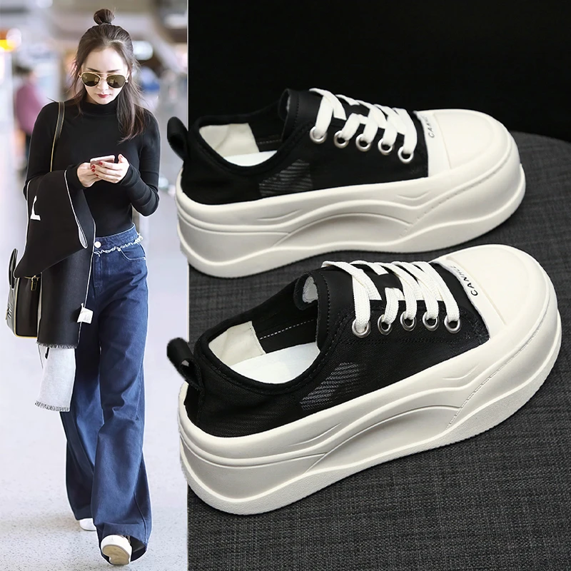 6cm厚底小白鞋女透气冰丝帆布休闲板鞋夏季增高女鞋休闲运动鞋子