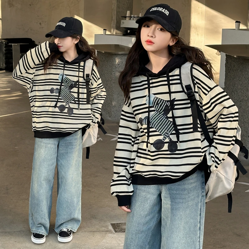 女童卫衣春秋2025新款时尚条纹春秋装女大童拼色连帽衫宽松上衣潮