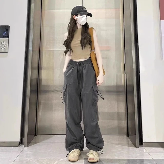 美式工装裤女夏季小个子阔腿裤宽松直筒裤高腰薄款束脚灰色裤子