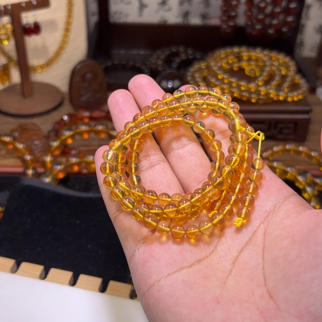 琥珀未镶嵌颈饰6mm亮金棕108