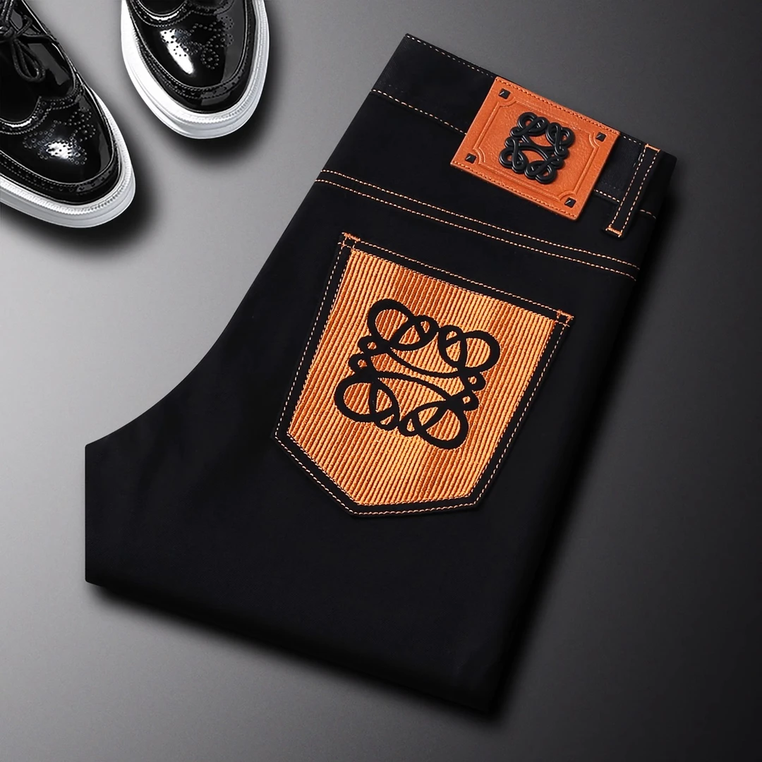 新款辑明线刺绣黑色牛仔裤男夏季潮牌潮流弹力修身小直筒裤子撞色