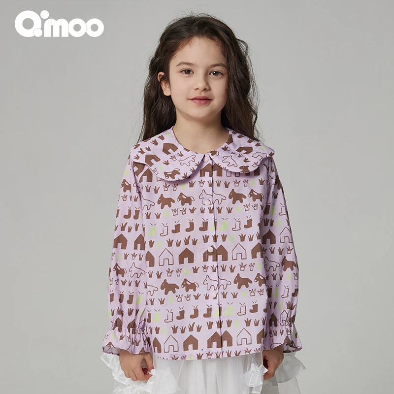 Qimoo/淇木秋季女童时尚长袖印花翻领童趣娃娃领衬衫QCL3CC129A