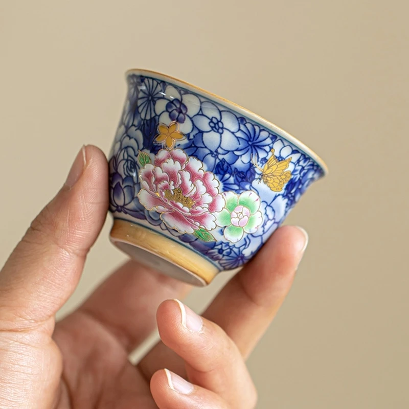 静霖 复古风百花引蝶品茗杯珐琅彩青花茶杯