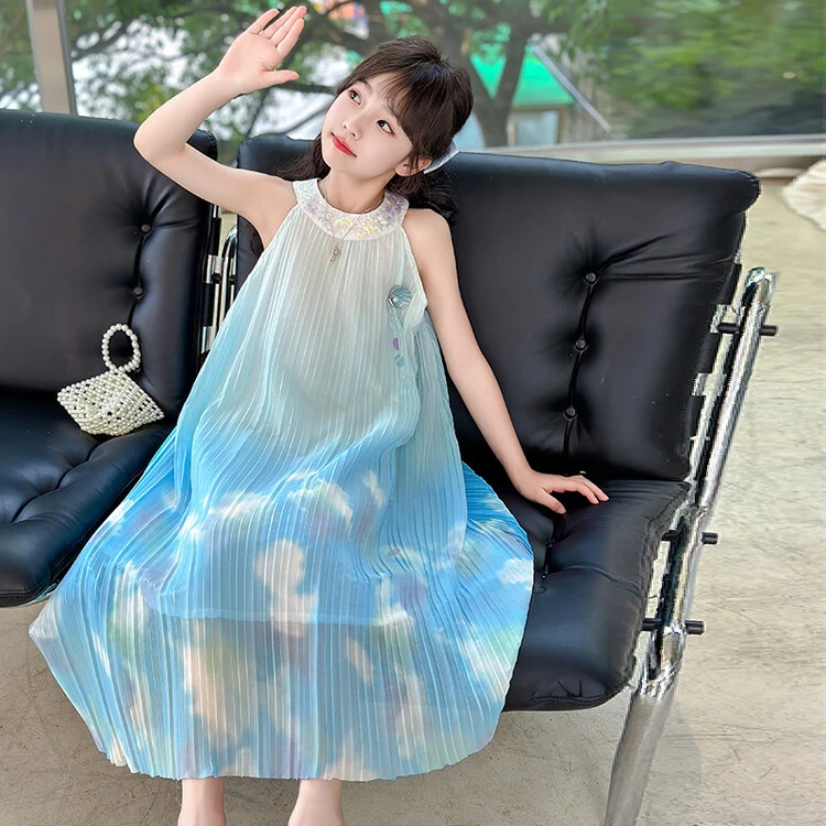 儿童2025新款夏装女童小清新沙滩连衣裙中大童百褶淑女公主裙