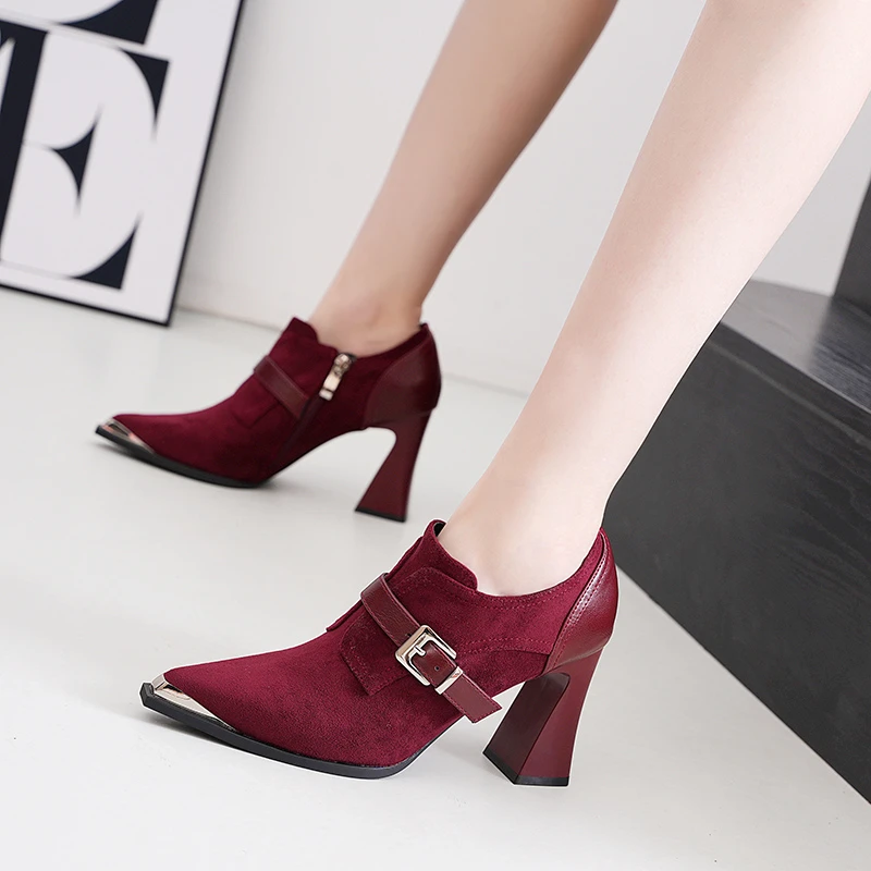复古防水台黑色深口高跟鞋粗跟拼色皮带扣软皮百搭女鞋子1156