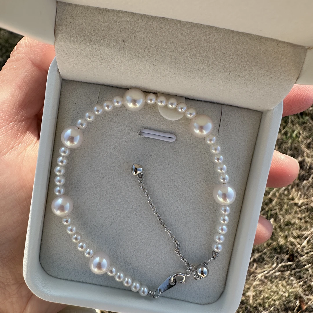S925银手链淡水珍珠3-7mm正圆大小珠搭配白色时尚精致