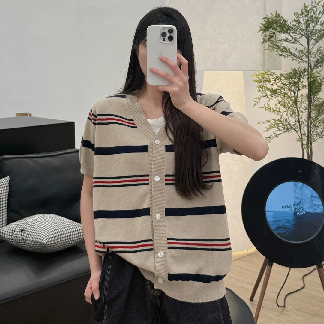 JUANJUAN自制女装杏色条纹开衫短袖