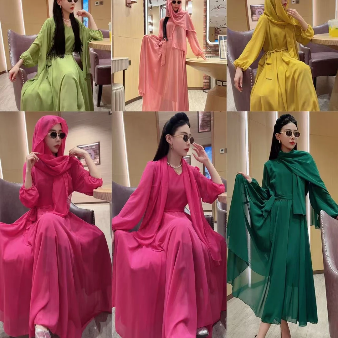 756新款气质时尚大码纯色V领收腰围巾款连衣裙