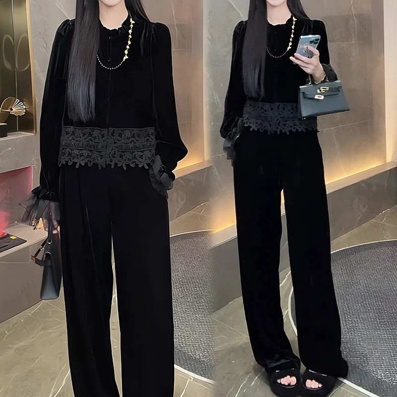 2025春秋新款设计感长袖下摆拼接开衫上衣女高腰显瘦直筒裤两件套
