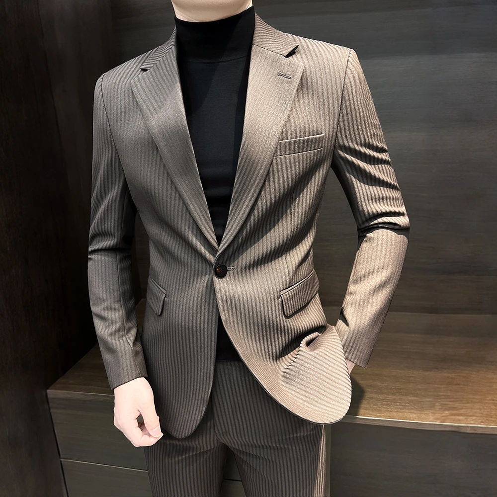 路约威格条纹男士西装外套春秋季高端时尚舒适百搭修身小西服外套