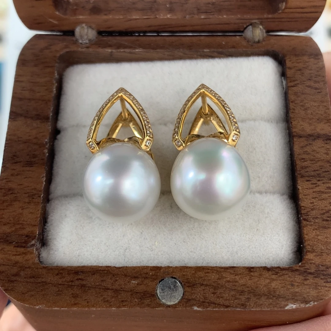 定制海水珍珠18K金镶嵌耳饰澳白12-13mm热巴同款