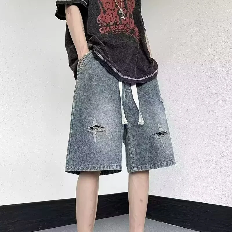 抽绳松紧腰破洞牛仔短裤男夏季街头潮牌宽松直筒大码休闲五分中裤