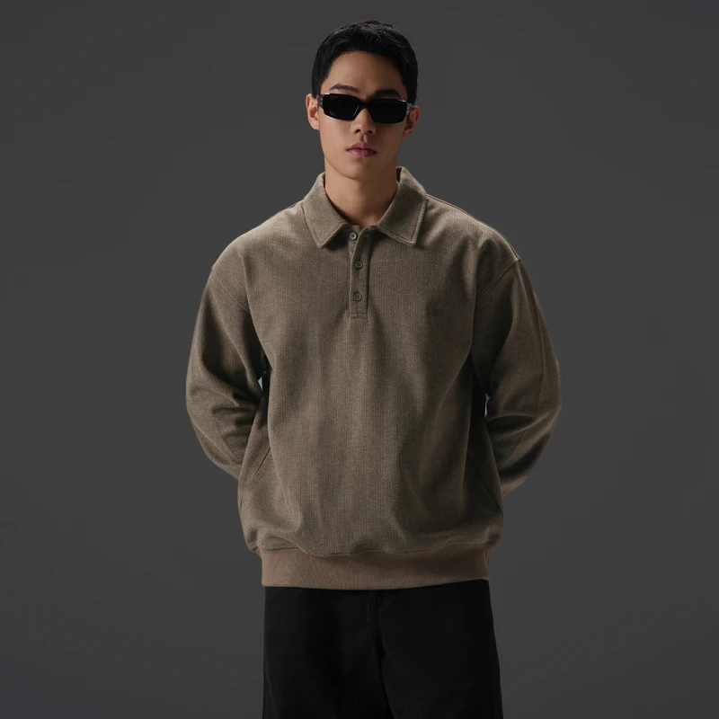 BDPOWERUP美式重磅老钱风polo衫男秋季翻领套头衫宽松卫衣穿搭