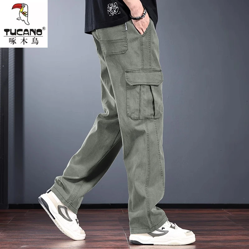 绿色高级感休闲裤男直筒宽松长裤垂感大码多口袋水洗炸街工装裤潮