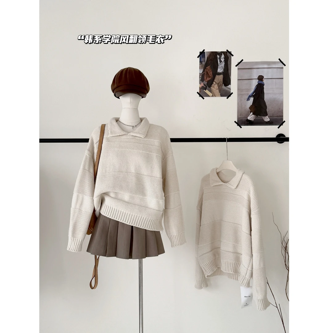 韩系复古气质粗针翻领慵懒风套头毛衣冬季韩式保暖宽松针织衫上衣