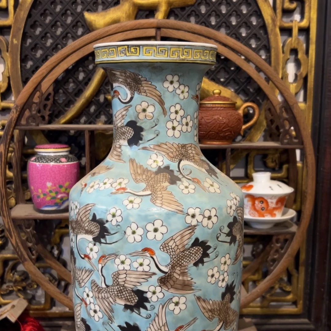 用***3摆件精品粉彩祥云飞鹤赏瓶