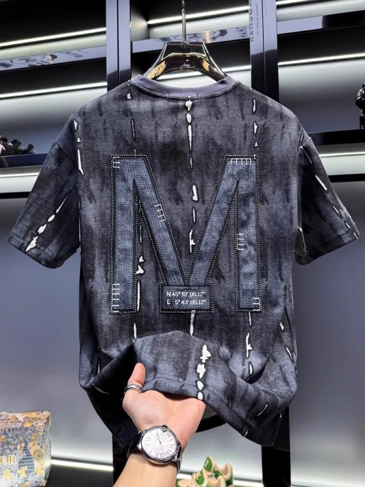 欧洲站男士高端轻奢字母刺绣短袖t恤男潮牌2025新款夏季半袖上衣