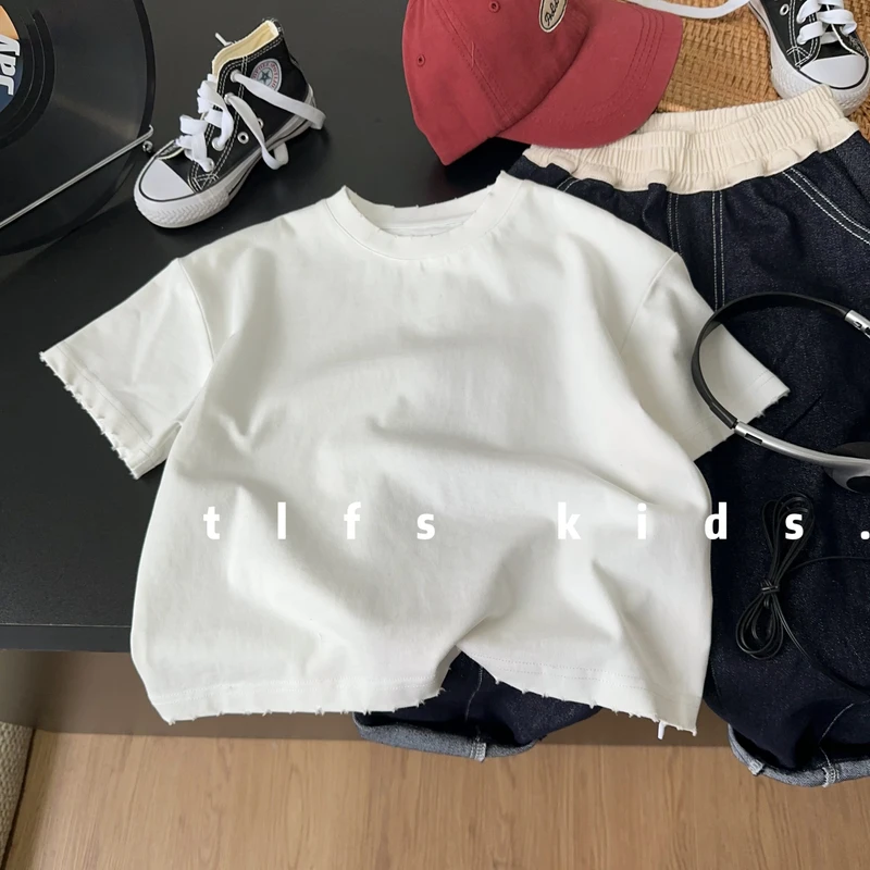 童例「25151破洞领口纯色短T」春夏纯棉休闲亲肤男童女童百搭短袖潮