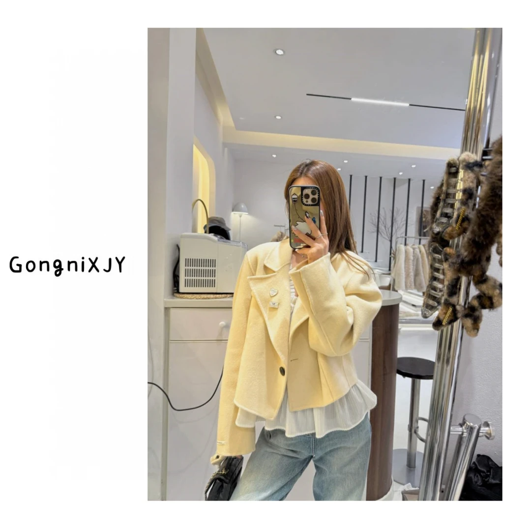 【LINA·GXY】泡芙小姐 早春100绵羊毛翻领一粒扣短款外套(不含胸针）